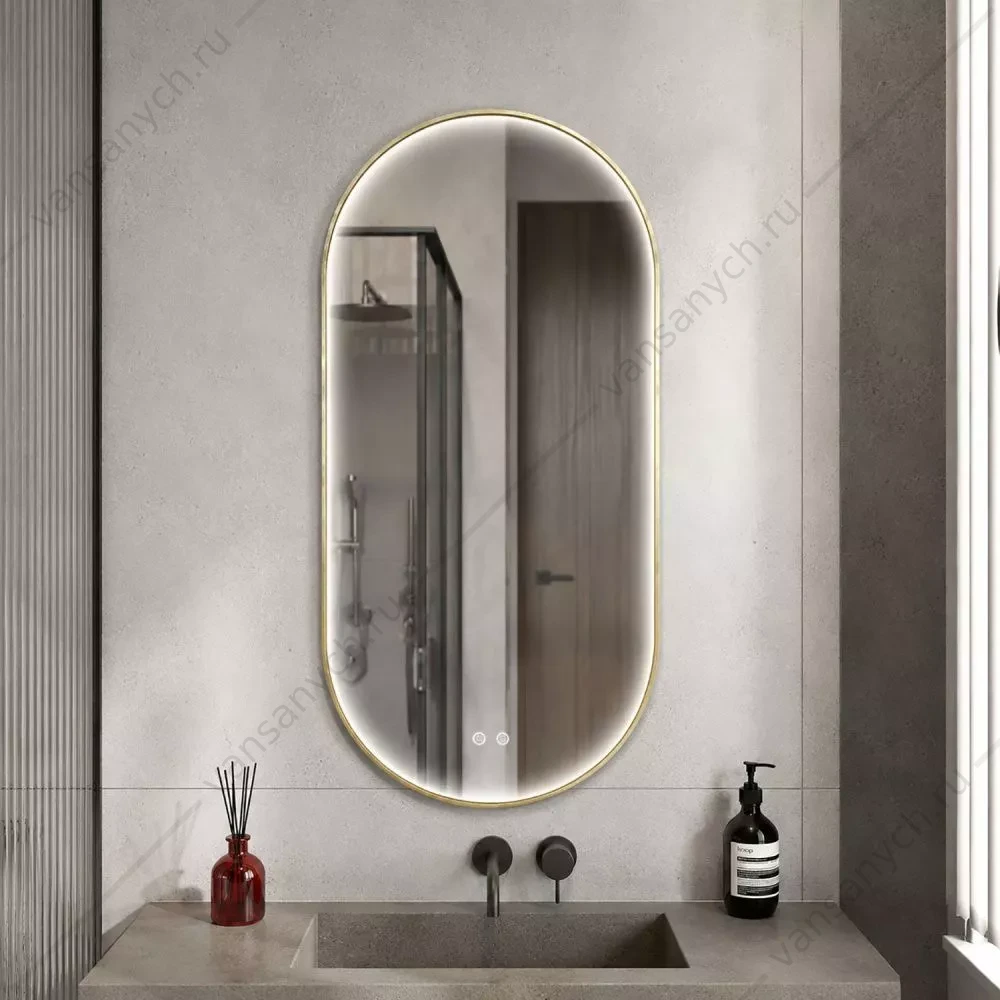 Зеркало 50х100 овальное в золотой алюм. раме Comforty Оникс подсветка, конт. сенсор, антизапот. 00-00014221CF