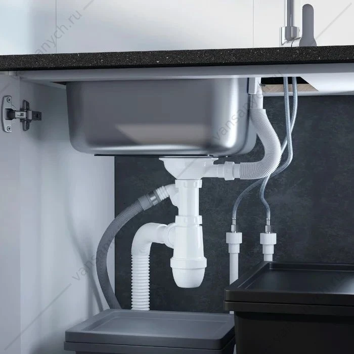 Cифон для мойки с выпуском 3 1/2 с переливом и отводом, Kitchen Line, IDDIS, S11UPS0i84