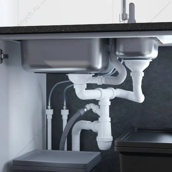 Сифон для двойной чаши с выпуском 3 1/2, с переливом и отводом, Kitchen Line, IDDIS,