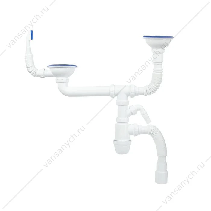 Сифон для двойной чаши с выпуском 3 1/2, с переливом и отводом, Kitchen Line, IDDIS,