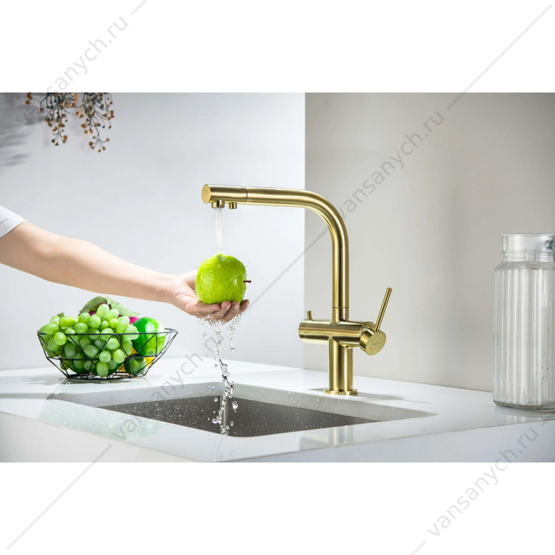 Смеситель для кухни с подключением к фильтру питьевой воды AQUATEK Европа, шлиф.золото AQ1385BG